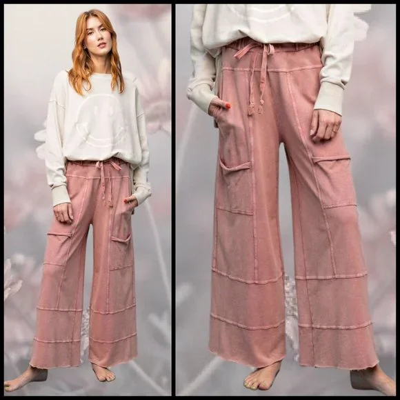 EASEL "Perfect Cargo" Terry Knit Mineral Washed Flared Leg Pants Raw Hem & Seams - Picture 11 of 14